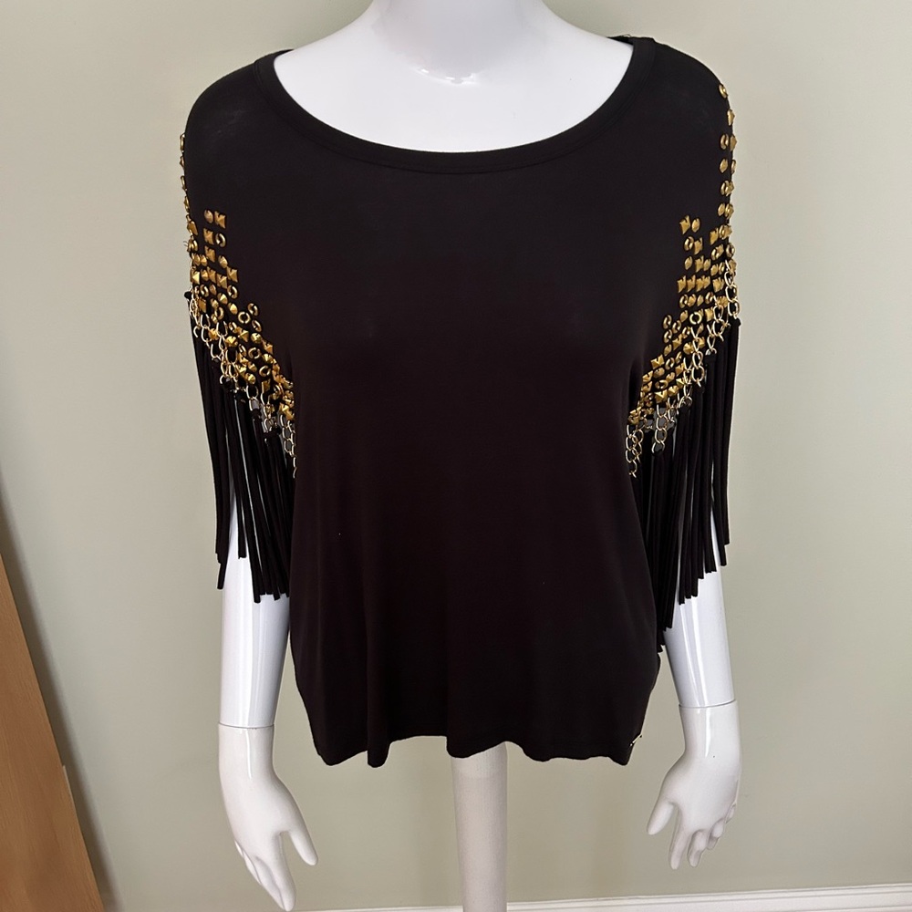 Michael Kors Black Top with Gold Fringe Accents